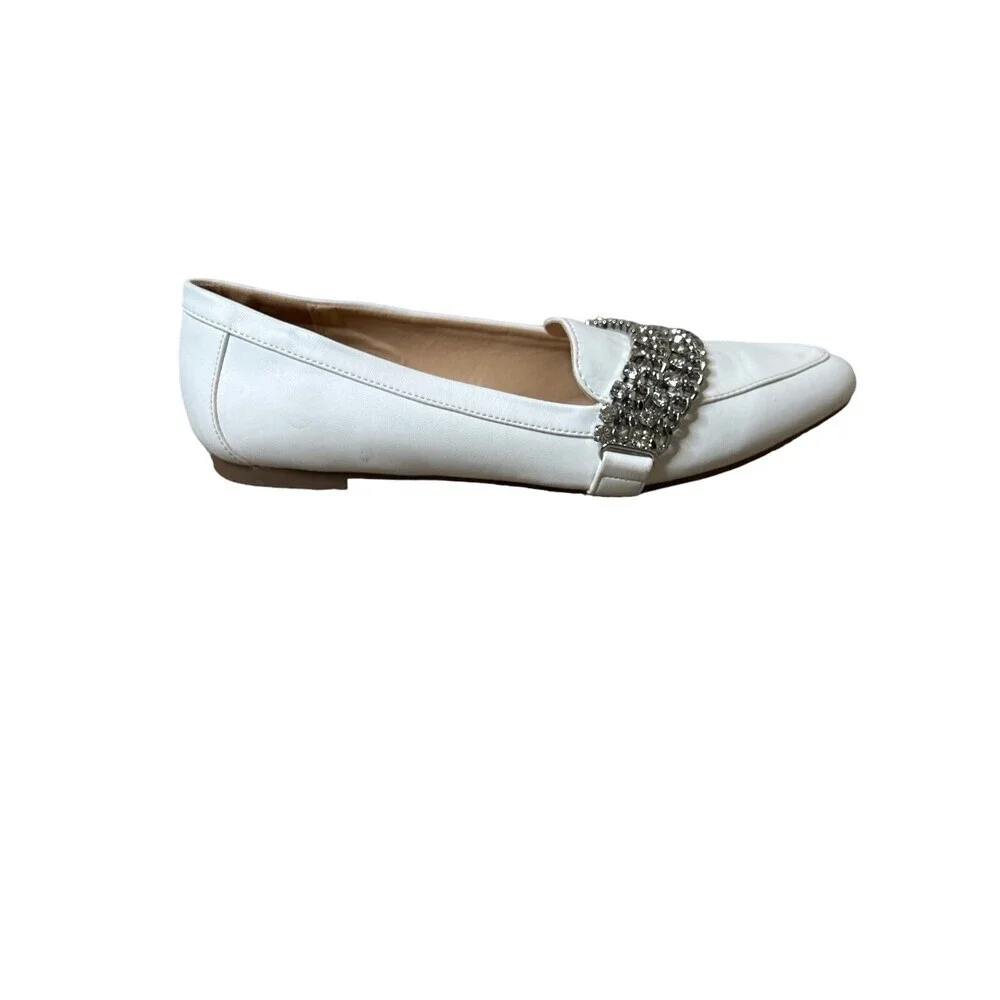 XOXO Vona Chain Loafers White oxford jeweled/rhinestone pointed toe slip on SZ 9